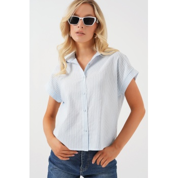 Kadın Çizgili Kısa Kol Gömlek 20324 - Açık Mavi
