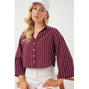 Kadın Çizgili Oversize Kısa Gömlek 20326 - Bordo