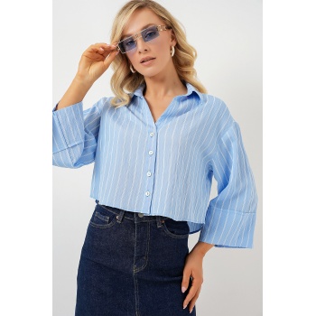 Kadın Çizgili Oversize Kısa Gömlek 20326 - Mavi
