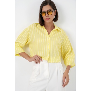 Kadın Çizgili Oversize Kısa Gömlek 20326 - Sarı