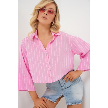 Kadın Çizgili Oversize Kısa Gömlek 20326 - Pembe