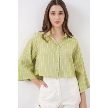 Kadın Çizgili Oversize Kısa Gömlek 20326 - E.Yeşil