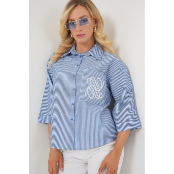 Kadın Tek Cep Nakışlı Gömlek 20328 - Lacivert