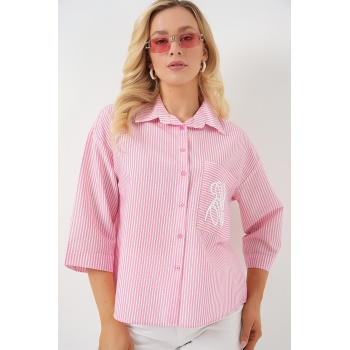 Kadın Tek Cep Nakışlı Gömlek 20328 - Pembe