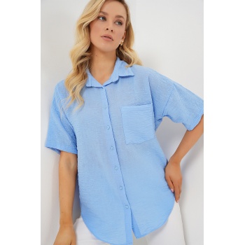Kadın Kısa Kol Keten Görünümlü Gömlek 20336 - Mavi
