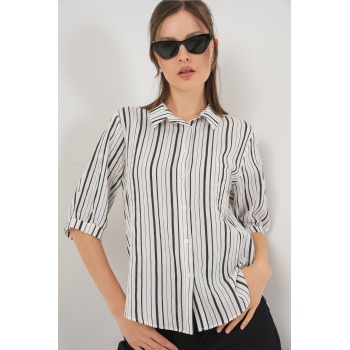 Kadın Çizgili Kısa Kol Gömlek 20345 - Siyah