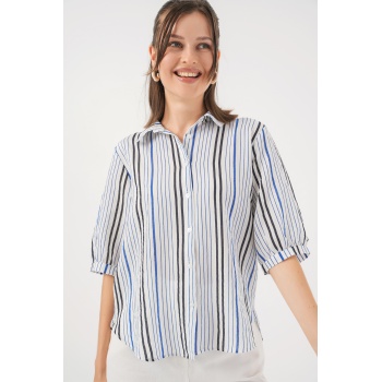 Kadın Çizgili Kısa Kol Gömlek 20345 - Lacivert