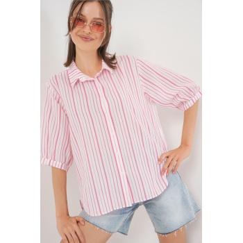 Kadın Çizgili Kısa Kol Gömlek 20345 - Pudra