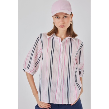 Kadın Çizgili Kısa Kol Gömlek 20345 - Pembe