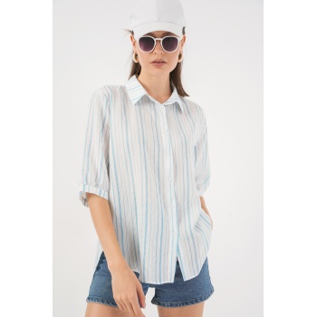 Kadın Çizgili Kısa Kol Gömlek 20345 - A.Mavi