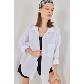 Kadın Tek Cepli Oversize Müslin Gömlek 20353 - Beyaz
