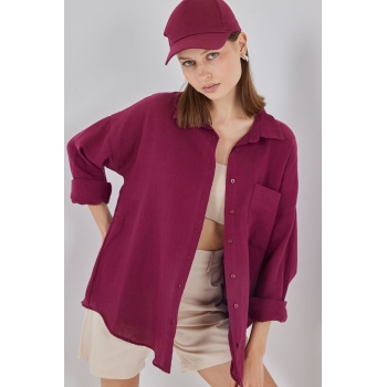 Kadın Tek Cepli Oversize Müslin Gömlek 20353 - Mürdüm