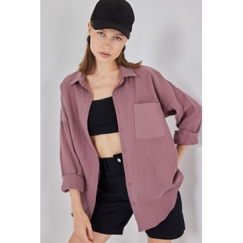 Kadın Tek Cepli Oversize Müslin Gömlek 20353 - Koyu Lila