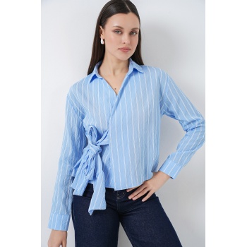 Kadın Önü Bağlamalı Çizgili Gömlek 20362 - Mavi