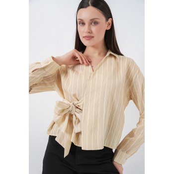 Kadın Önü Bağlamalı Çizgili Gömlek 20362 - Bej