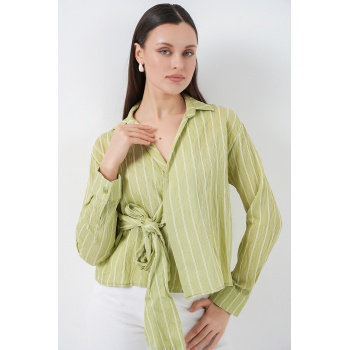 Kadın Önü Bağlamalı Çizgili Gömlek 20362 - E.Yeşil