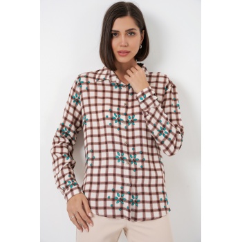 Kadın Desenli Oversize Viskon Gömlek 20371 - Kahverengi