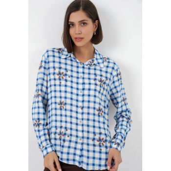 Kadın Desenli Oversize Viskon Gömlek 20371 - Mavi