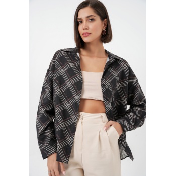 Kadın Oversize Desenli Gömlek 20372 - Siyah
