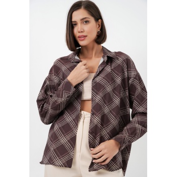 Kadın Oversize Desenli Gömlek 20372 - Kahverengi