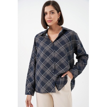 Kadın Oversize Desenli Gömlek 20372 - Lacivert