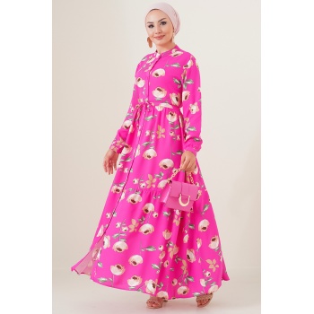 2144 Hakim Yaka Tesettür Elbise - A.Fuşya