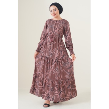 2145 Desenli Tesettür Elbise - Kahverengi