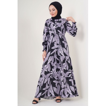 2145 Desenli Tesettür Elbise - D. Siyah