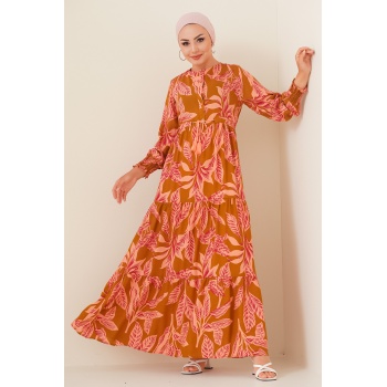 2145 Desenli Tesettür Elbise - Taba