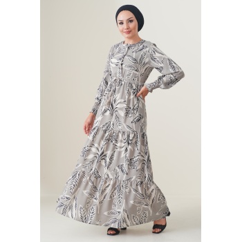 2145 Desenli Tesettür Elbise - Taş
