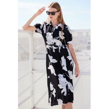 2213 Kısa Kol Viskon Elbise - D. Siyah