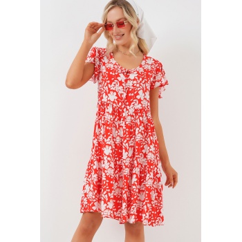2352 V Yaka Kısa Elbise - Kırmızı