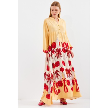 Kadın Sarı Kırmızı Viskon Tesettür Elbise 2423
