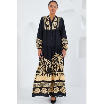 Kadın Siyah Hardal Viskon Tesettür Elbise 2423