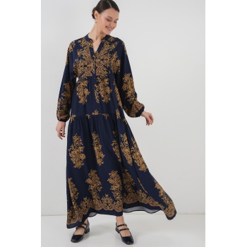 Lacivert Gold Desenli Tesettür Elbise 2423