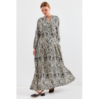 Kadın Desenli Siyah  Viskon Tesettür Elbise 2423