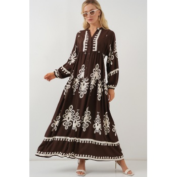 2423 Otantik Desenli Tesettür Elbise - Koyu Kahve