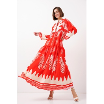 2423 Otantik Desenli Tesettür Elbise - M. Kırmızı