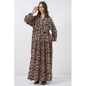 2423 Otantik Desenli Tesettür Elbise - E. Kahve