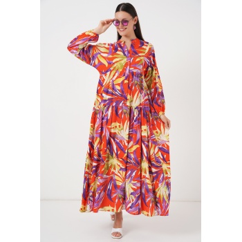 2423 Otantik Desenli Tesettür Elbise - B.Lila