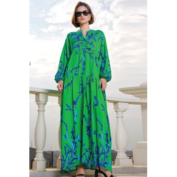 2423 Otantik Desenli Tesettür Elbise - Koyu Yeşil