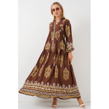 2423 Otantik Desenli Tesettür Elbise - Beyaz - Kahve