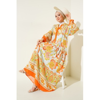 2423 Otantik Desenli Tesettür Elbise - Y.Turuncu