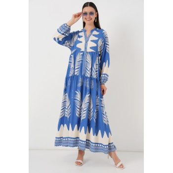 2423 Otantik Desenli Tesettür Elbise - H. İndigo