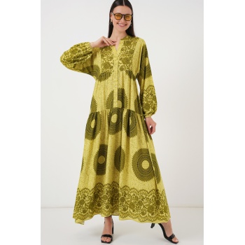2423 Otantik Desenli Tesettür Elbise - Yağ Yeşili 2