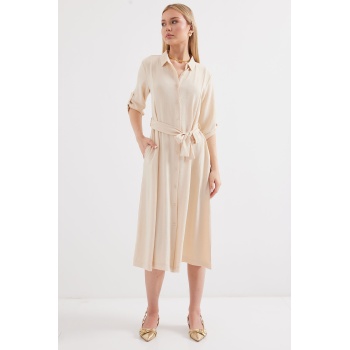 2442 Kuşaklı Gömlek Elbise - Krem