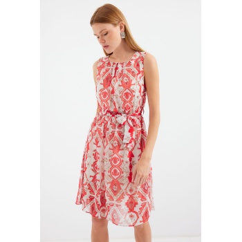 2501 Desenli Sıfır Kol Şifon Elbise - Kırmızı