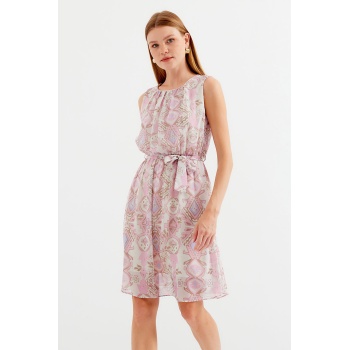 2501 Desenli Sıfır Kol Şifon Elbise - Pembe