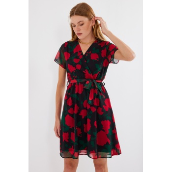 2502 Kısa Kol Desenli Şifon Elbise - Siyah