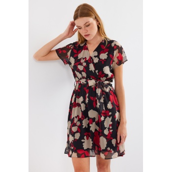 2502 Kısa Kol Desenli Şifon Elbise - Bordo